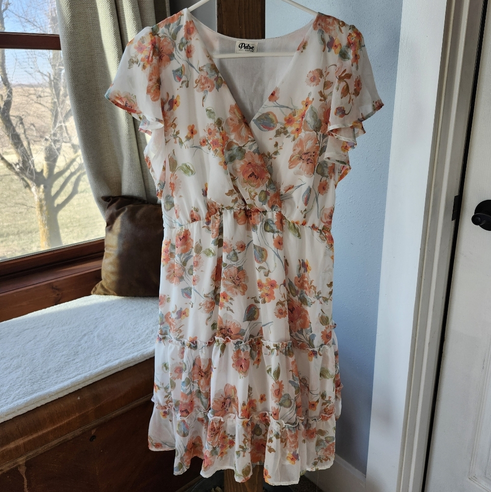 Like New Pulse Boutique Floral Ruffle Sleeve Tiered Wrap Dress, Size L